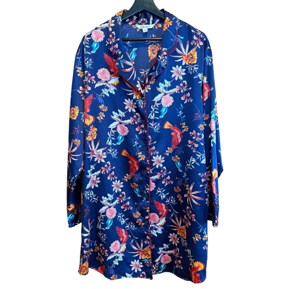 The Pioneer Woman Navy Blue Tropical Bird Floral Satin Sleep Shirt XXL - Picture 1 of 10
